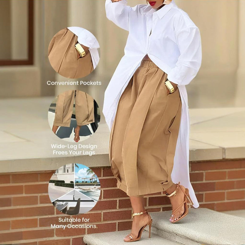 Women's Solid Color Cotton Wide Leg Cropped Pants With Pleats & Pockets - Spring Summer Fashion Comfortable Loose Trousers CJ US