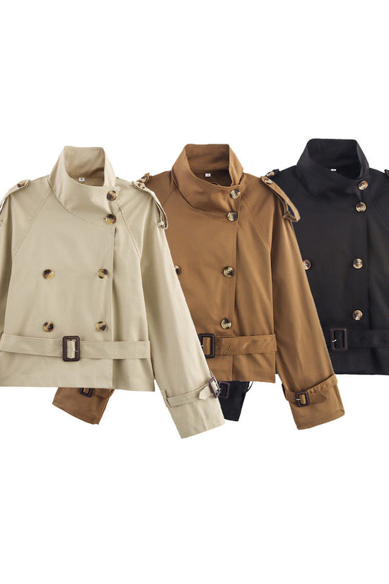 Notch-collar Short Trench Coat For Women With Belt Buckle Detailing 