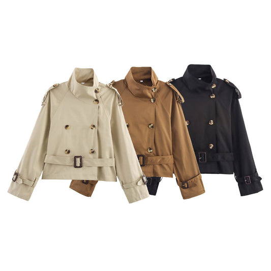 Notch-collar Short Trench Coat For Women With Belt Buckle Detailing 