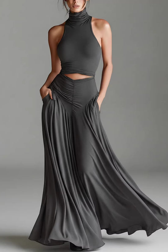 Style Sleeveless High Neck Top with Elegant Long Dress Two-Piece Set