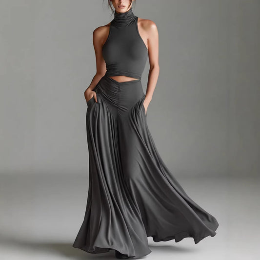 Style Sleeveless High Neck Top with Elegant Long Dress Two-Piece Set 