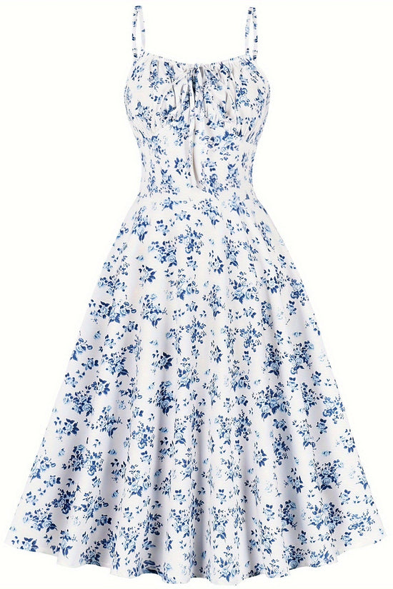 Women’s Floral Backless Maxi Dress – Strappy Dress with Bow & Flowy Skirt 