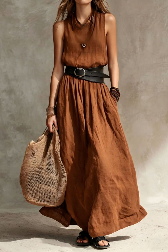 Turn-down Collar Long Sleeveless Dress 