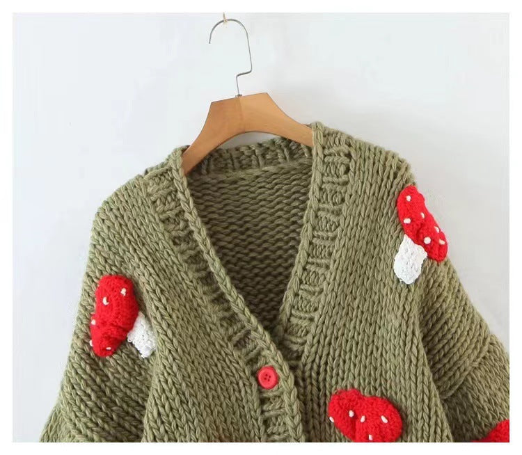 Loose Sweet Tridimensional Mushroom Crochet Short Sweater Cardigan CJ