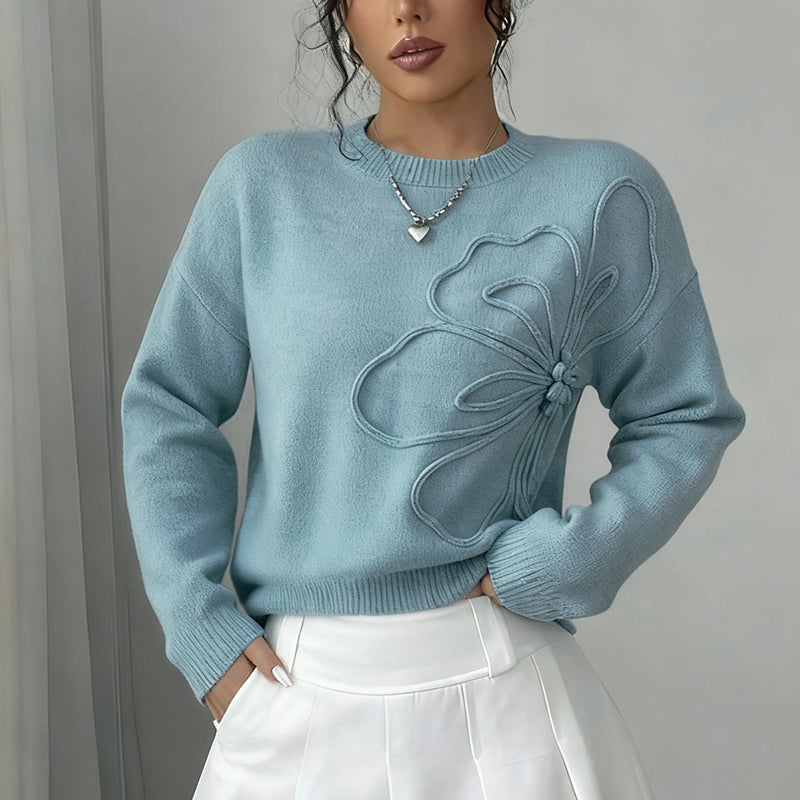 Women's Elegant Floral Sweater - 2025 Fall Winter Crew Neck Long Sleeve Casual Pullover