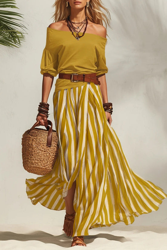 Off-shoulder Top And Slit Skirt Womens Set 