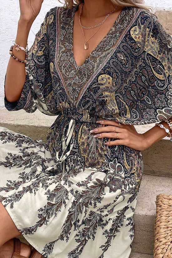 Paisley Print Batwing Sleeve Tassel Tie Front Ruffle Hem Dress CJ US