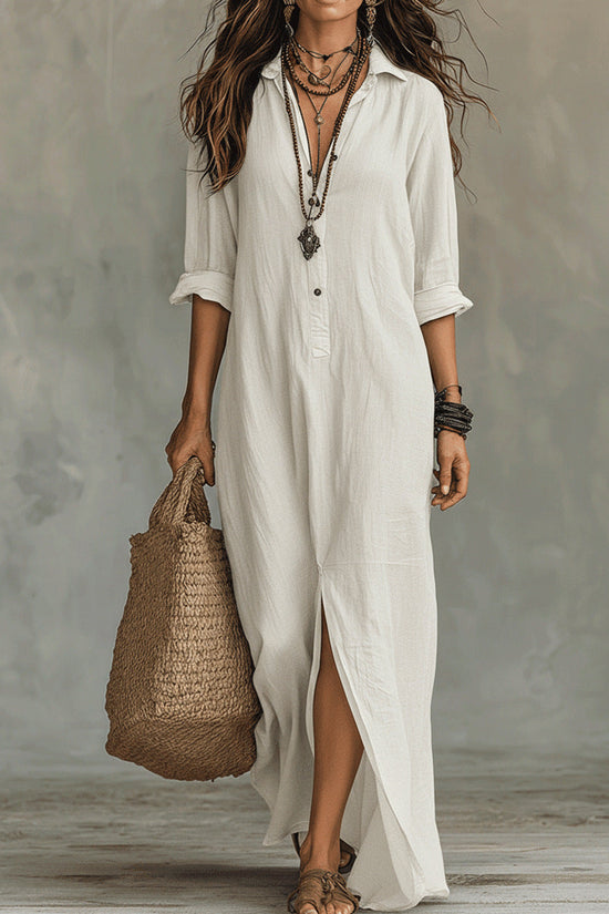 Spring Summer Solid Color Notch Lapel Front Slit Long Dress Casual Shirt Dress Lazy Style 