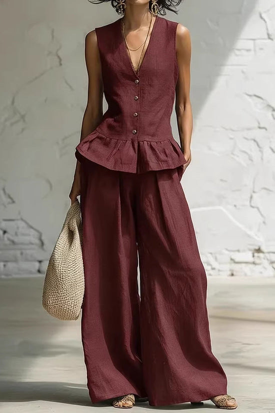 Retro Bohemian Style Ruffled Cotton-Linen Two-Piece Set 