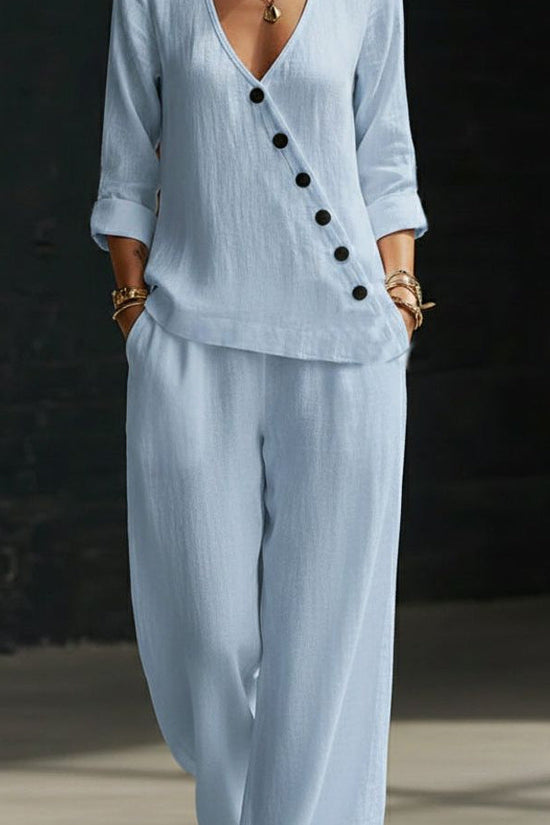 Loose-fitting V-neck Cross-over Shirt And Wide-leg Pants 