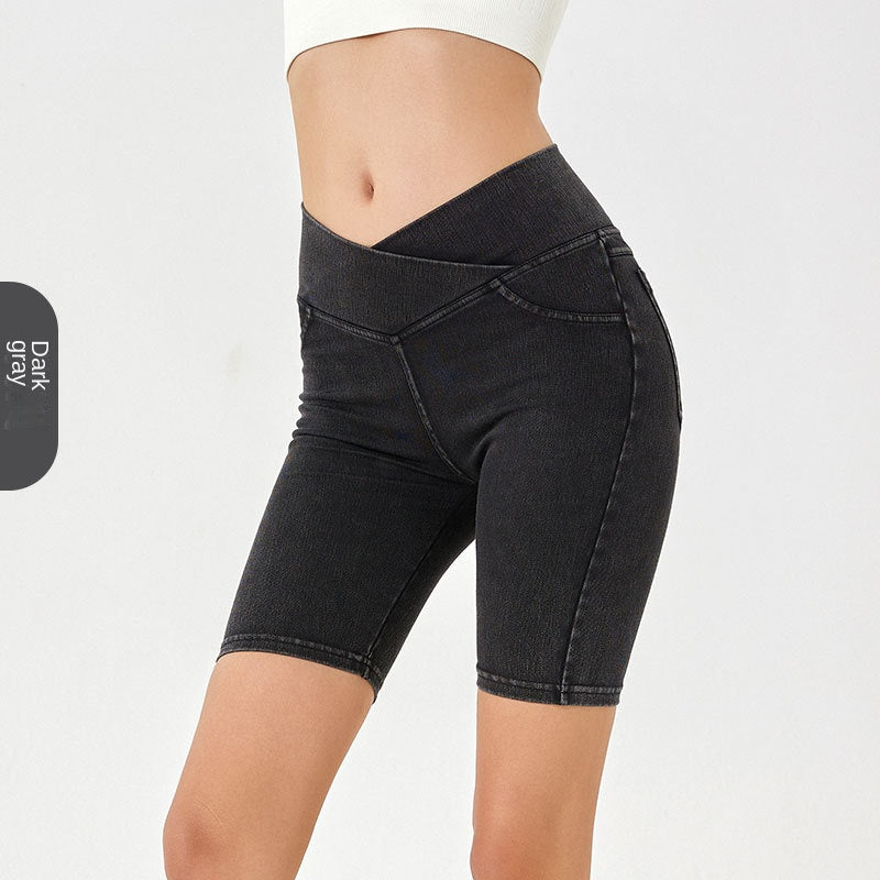 High-Waisted Denim Shorts for Women, Stretchy and Slimming, Casual Wear with Pockets, Fitness 5-Panel Cycling Pants 