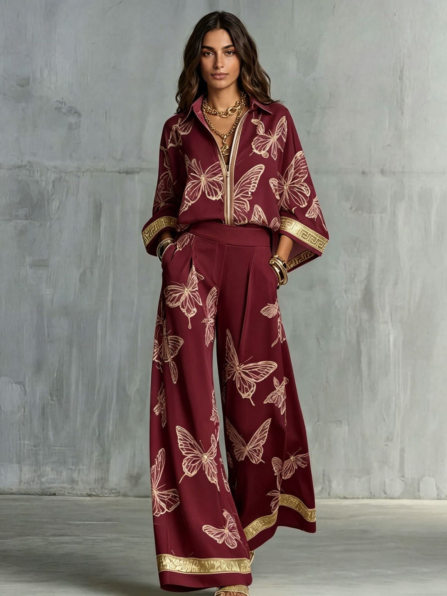 Style Women's Retro Printed Sexy Deep V Neck Loose Zipper Top with Wide Leg Pants Two-Piece Set 