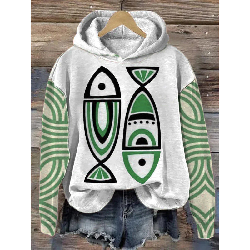 Womens Printed Hooded Long-Sleeve Pullover Sweatshirt 