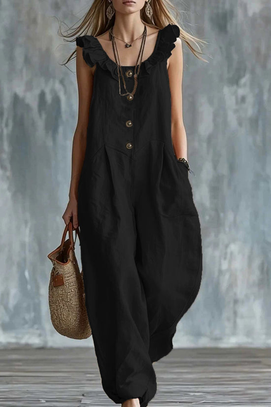 Womens Solid-Colored Sleeveless Button-Down Jumpsuit 