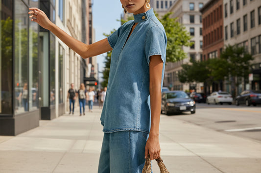 Solid-color Short-sleeve Casual Loose-fit Faux Denim Two-piece Set 