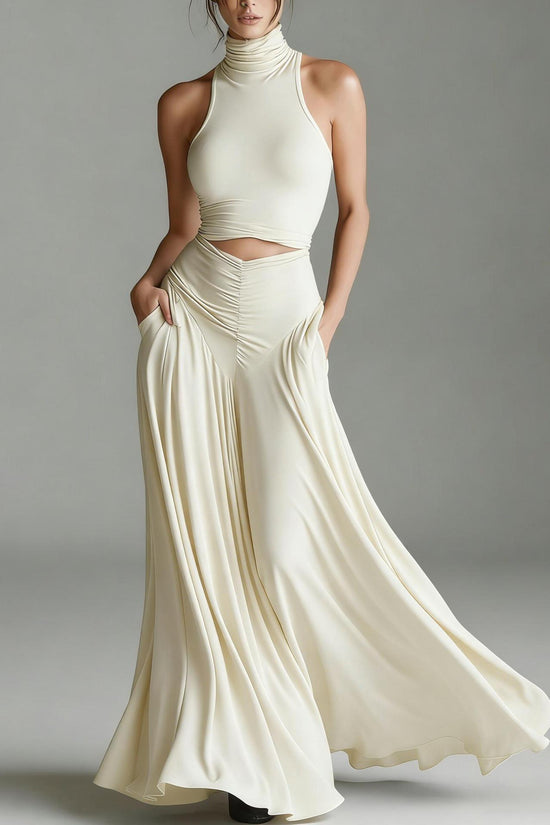 Style Sleeveless High Neck Top with Elegant Long Dress Two-Piece Set