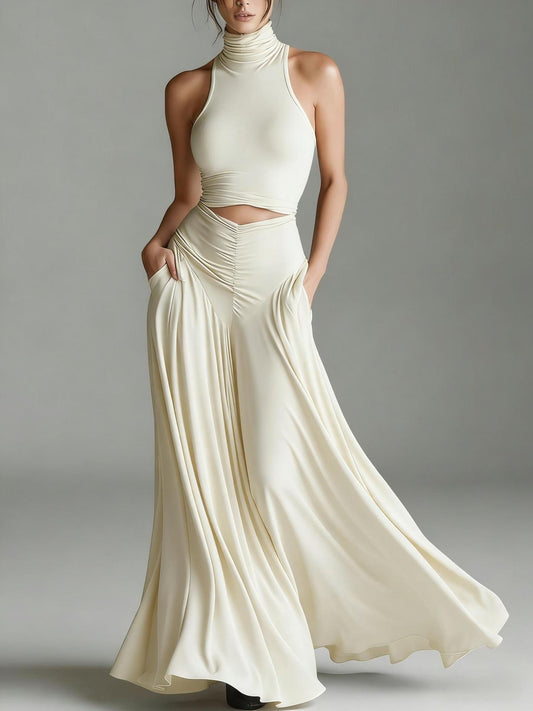 Style Sleeveless High Neck Top with Elegant Long Dress Two-Piece Set 