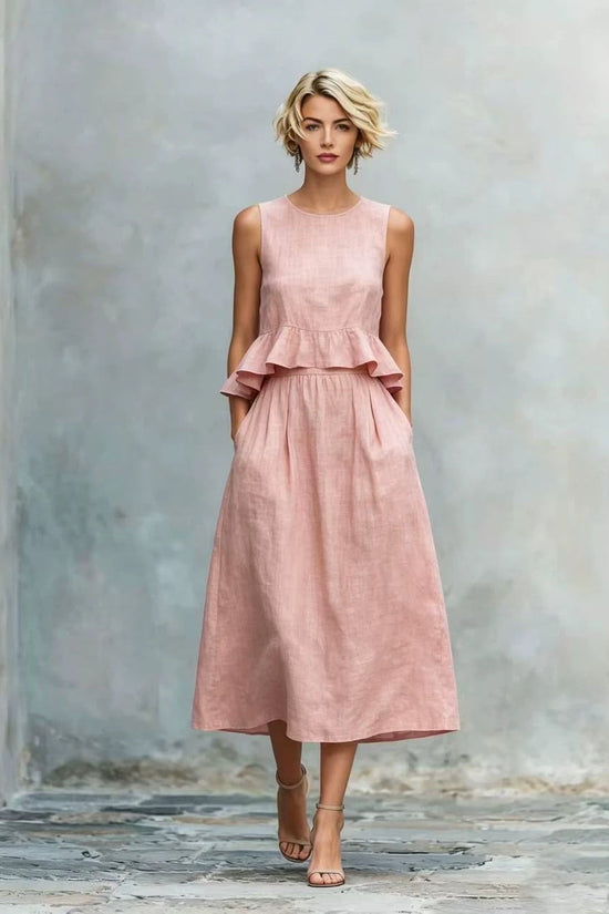 Sleeveless Crew-Neck High-Waisted Ruffle-Trim Resort-Style Dress 