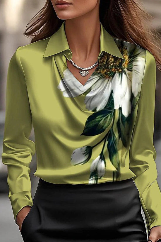 Spring And Autumn Temperament Long Sleeve Satin Swing Collar Top Shirt For Women 