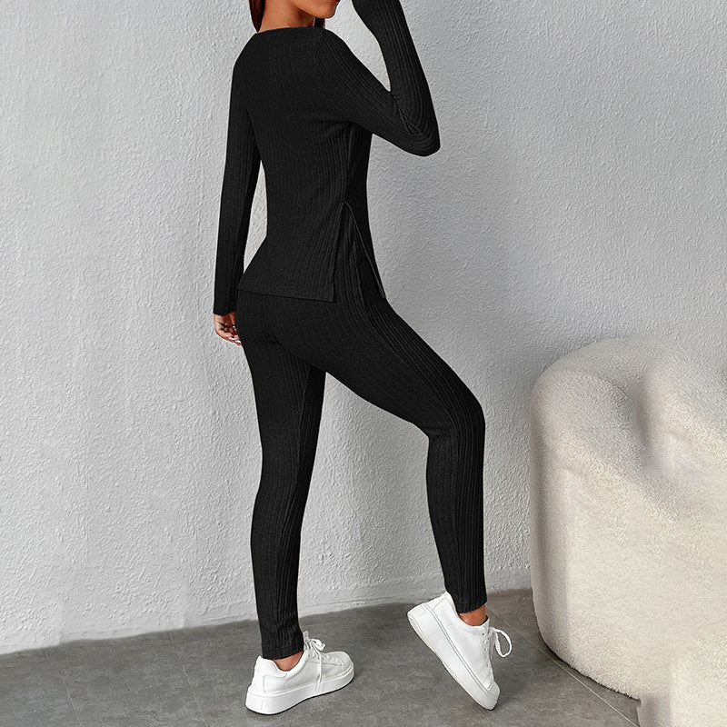 Women’s Ribbed Knit Long‑Sleeve Tee & Pants Lounge Set CJ US