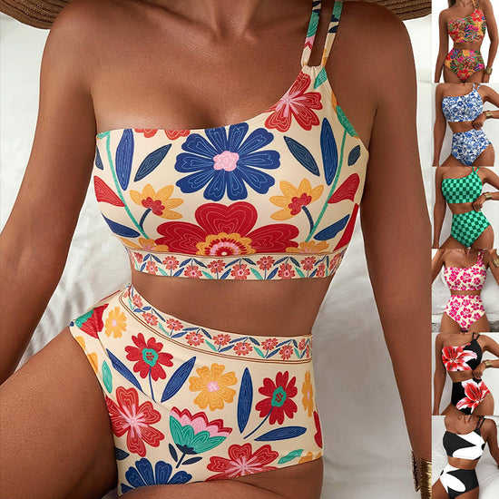 New women's high waisted bikini set with one shoulder floral print swimsuit, 2-piece set, belly cinching swimsuit 