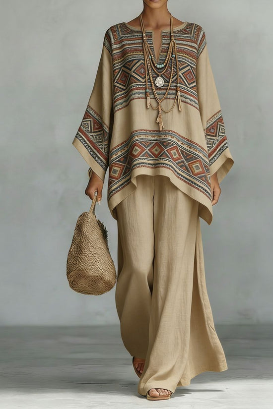 Women's Floral Print Linen Wide-Leg Two-Piece Set 