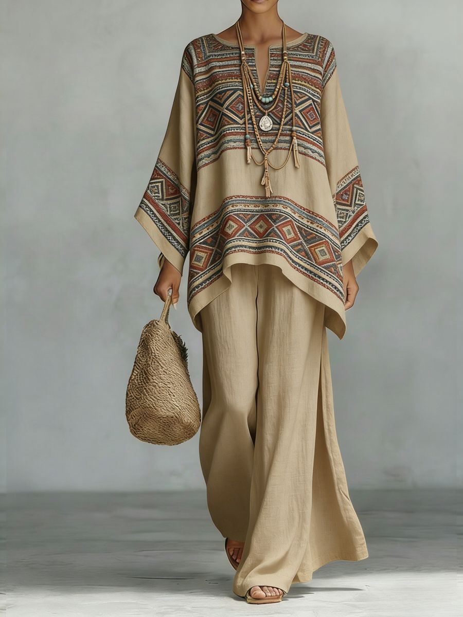 Women's Floral Print Linen Wide-Leg Two-Piece Set 