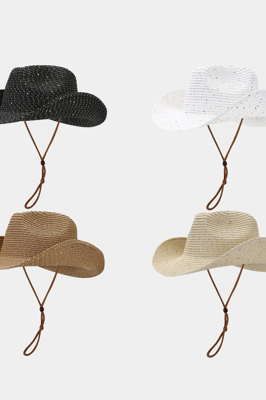 New Womens Panama Straw Weaved Sequin Windproof Sun Hat 