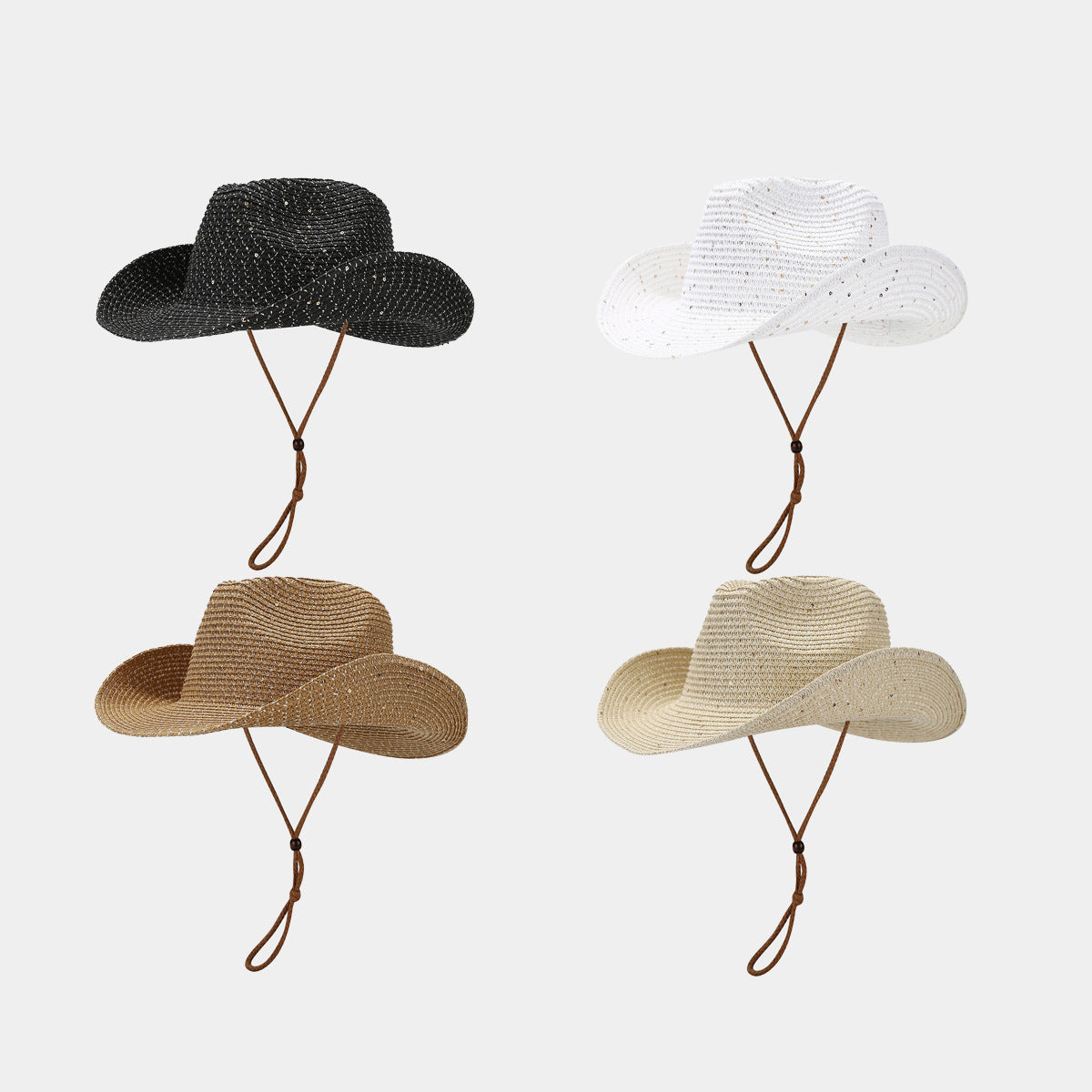 New Womens Panama Straw Weaved Sequin Windproof Sun Hat 