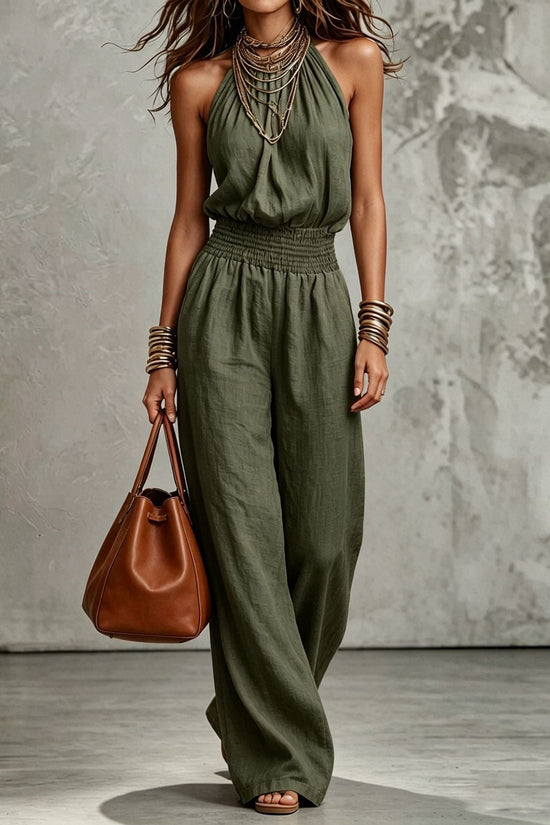 Womens Sleeveless Backless Cinched Waist Lace-up Halter Wide-leg Jumpsuit 