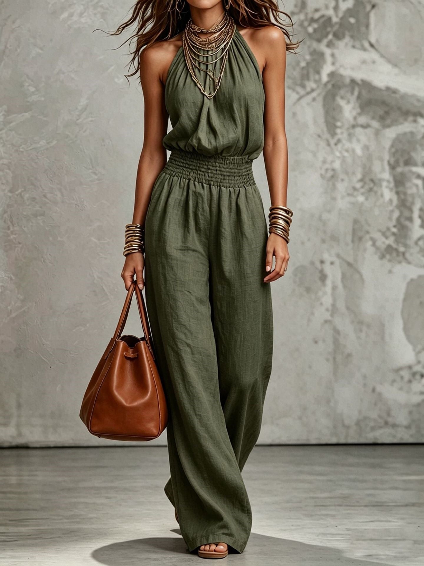 Womens Sleeveless Backless Cinched Waist Lace-up Halter Wide-leg Jumpsuit 