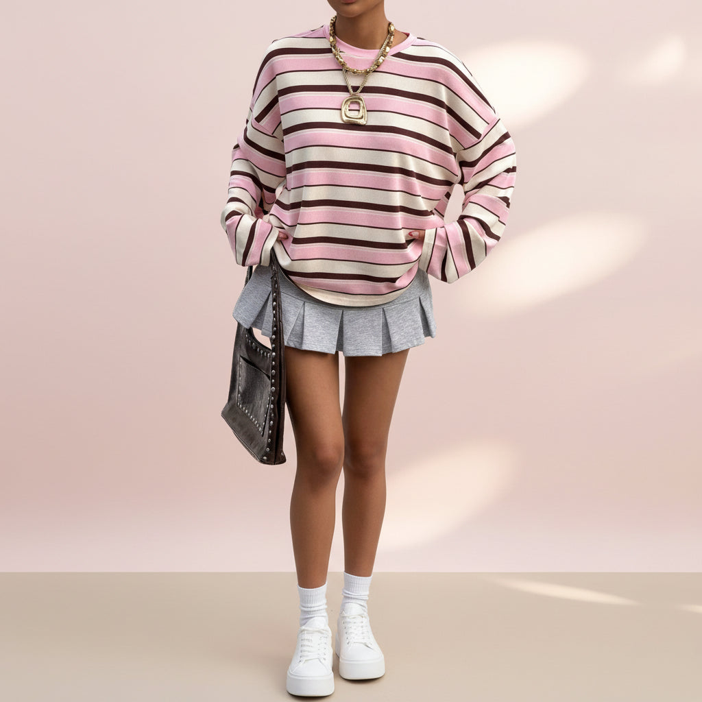 Round neck contrasting striped pullover loose hoodie 