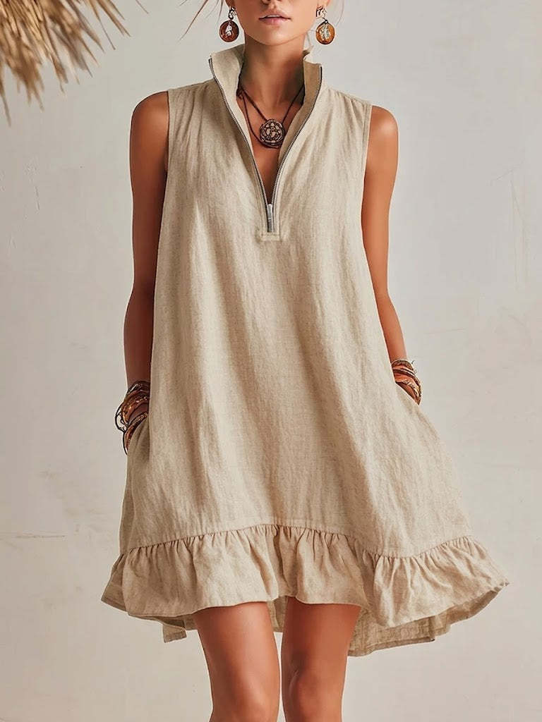 New Stylish Casual Loose Half-Zip Sleeveless Dress With Ruffle Hem 
