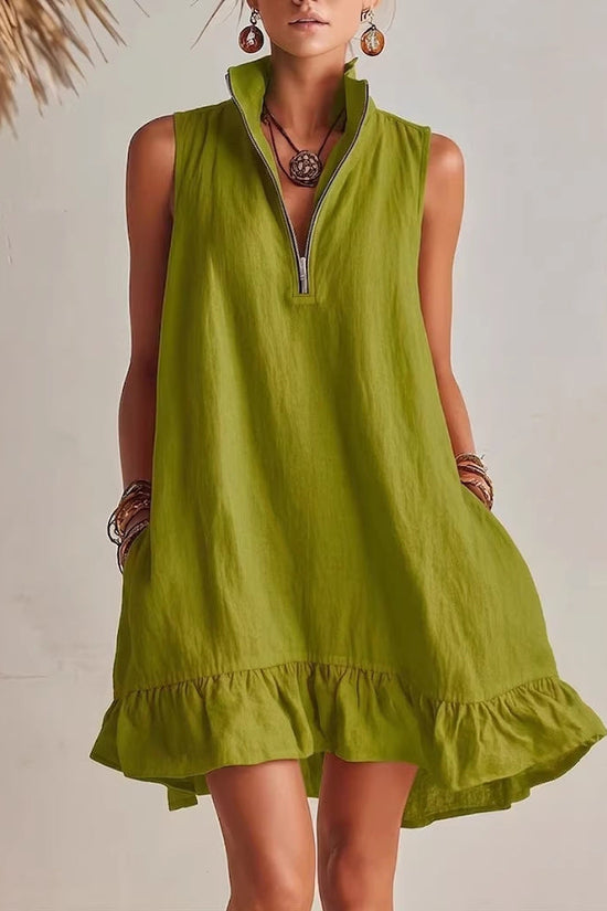 New Stylish Casual Loose Half-Zip Sleeveless Dress With Ruffle Hem 