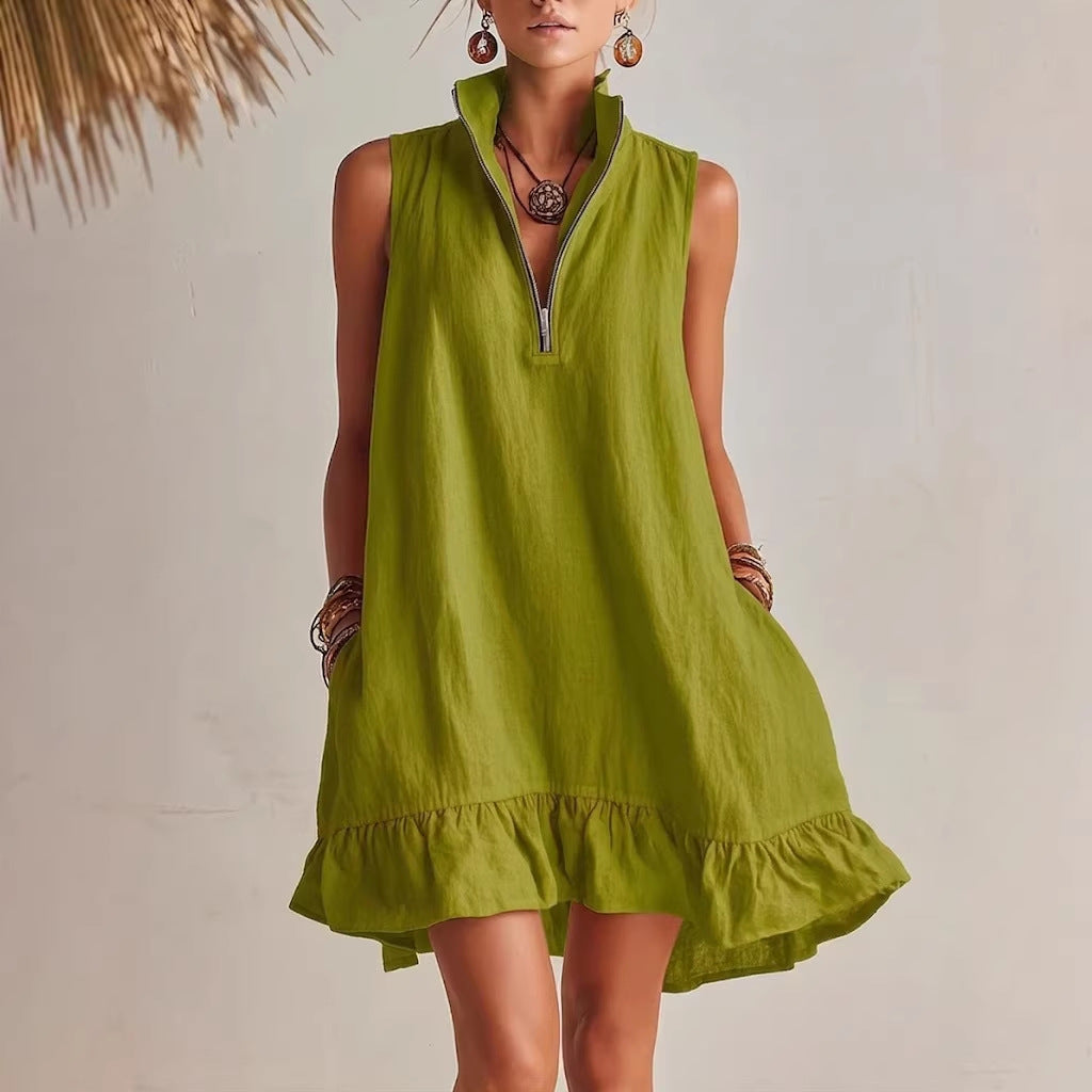 New Stylish Casual Loose Half-Zip Sleeveless Dress With Ruffle Hem 