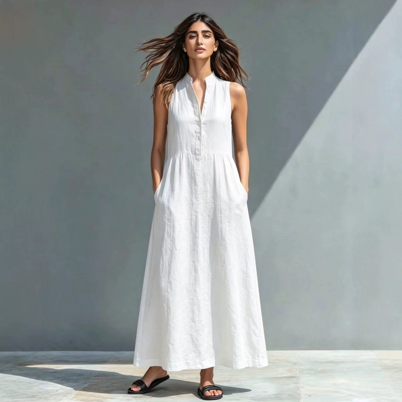 Resort-style Stand-collar Maxi Dress 