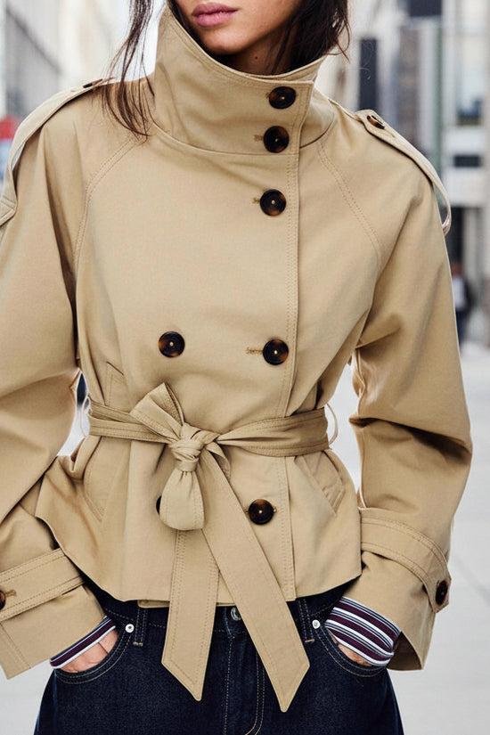 Womens Buttoned Waist-Cinching Lace-Up Trench Coat 