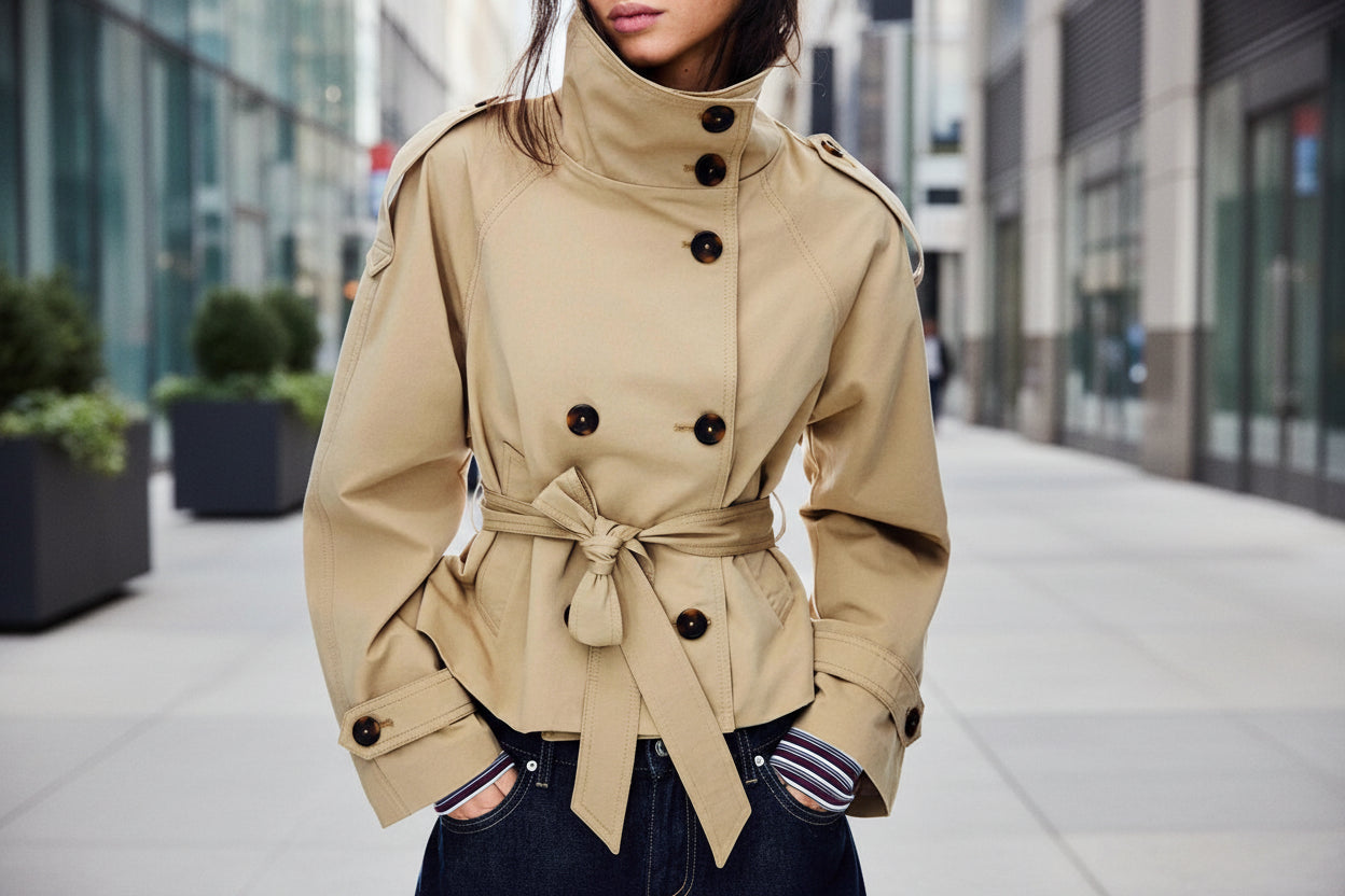 Womens Buttoned Waist-Cinching Lace-Up Trench Coat 