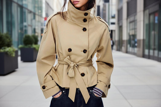 Womens Buttoned Waist-Cinching Lace-Up Trench Coat 
