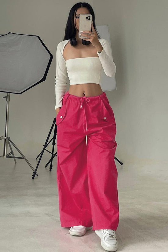 Solid-color Lace-up Loose-fitting Straight-leg Work Pants 