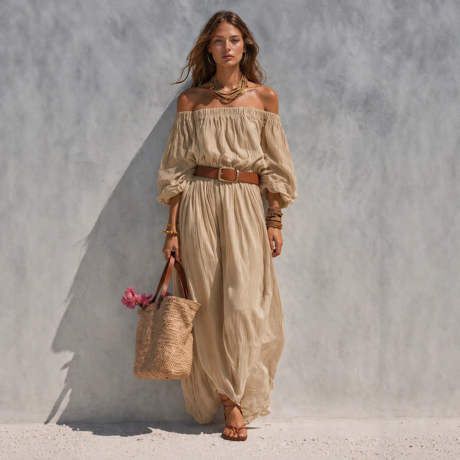 Womens Boat-Neck Sleeveless Casual Cotton-Linen Maxi Dress 