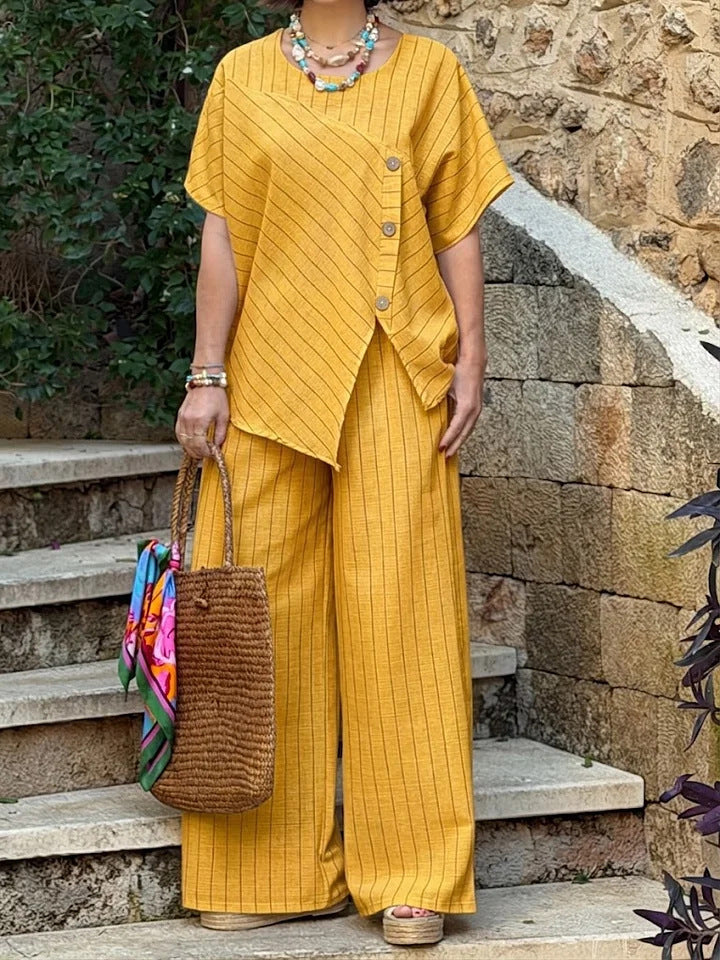Striped Short-sleeve Shirt And Loose-fitting Pants Two-piece Set 