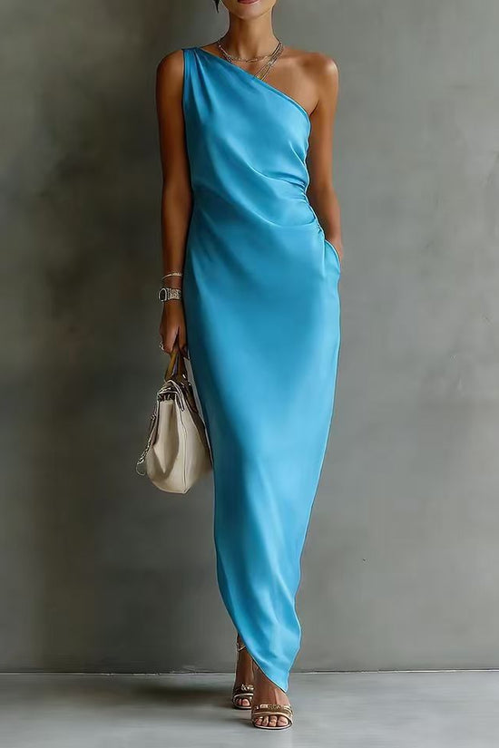 Elegant Satin Off-shoulder Draping Slim-fit Maxi Dress 