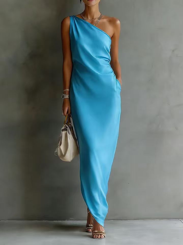 Elegant Satin Off-shoulder Draping Slim-fit Maxi Dress 