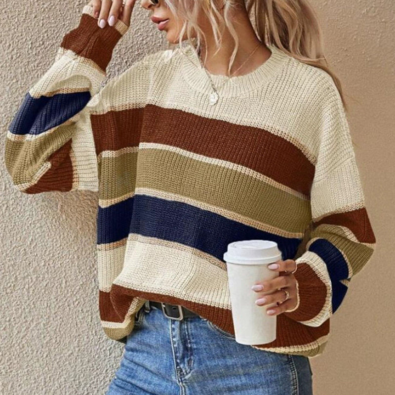 Women's 2025 Striped Color Block Sweater, Cute Crewneck Pullover Top, Fall Winter Fashion Knitwear CJ US