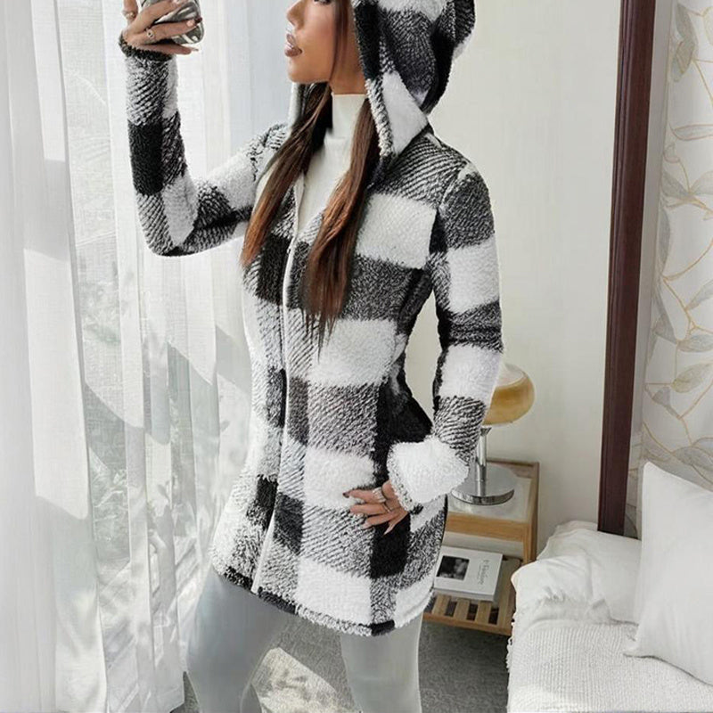 Women's Long Sleeve Plaid Long Hooded Sherpa Coat, Soft Fleece Lined Jacket With Pockets For Winter 