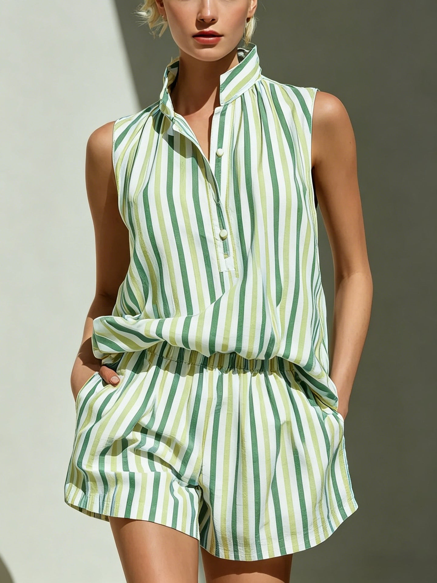 Sleeveless Stand Collar Striped Vest And Casual Shorts Two-Piece Set 