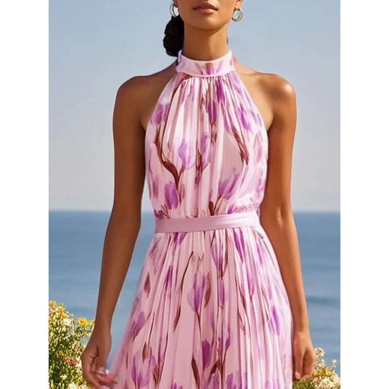 Womens Swing-Style Halterneck Printed Dress 
