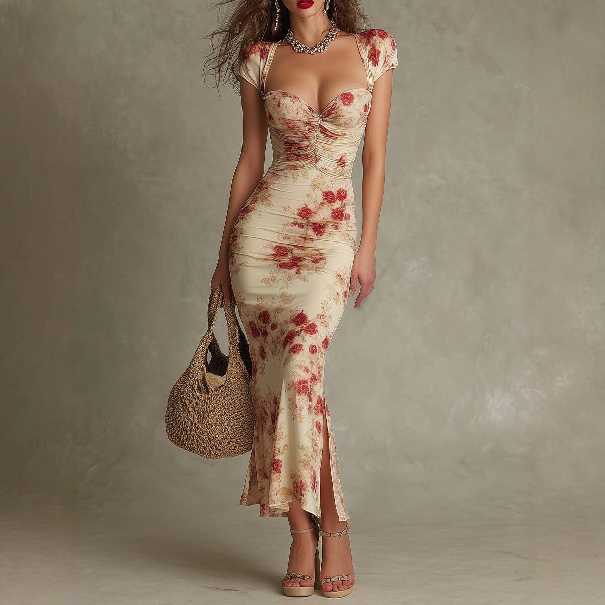 Vintage Printed Fitted Dress Elegant Slim Fit Bodycon Long Dress Evening Gown 