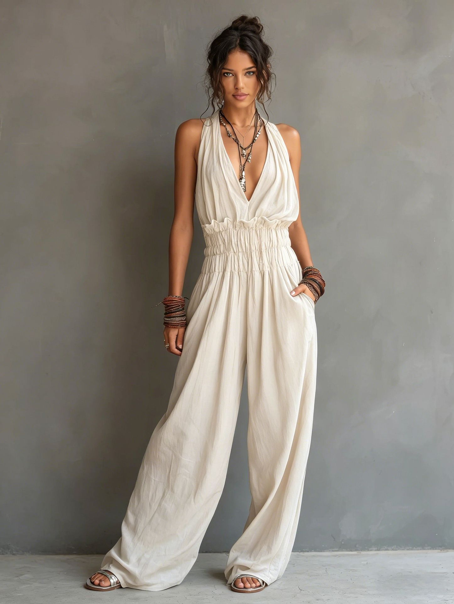 Strap-style V-neck Sleeveless Waist-cinching One-piece Suit 